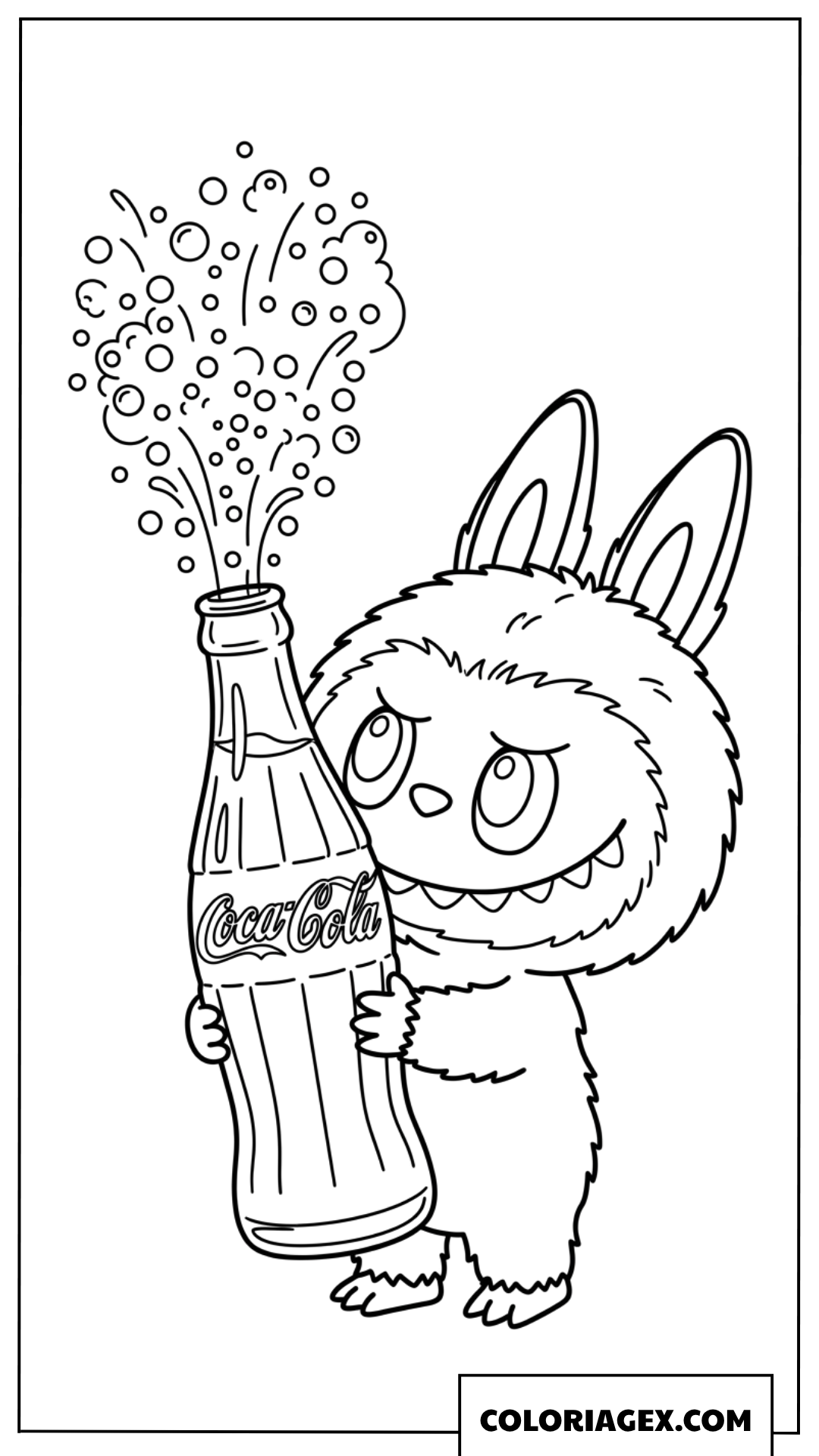 Dessin de Labubu tenant une bouteille de Coca Cola qui pétille