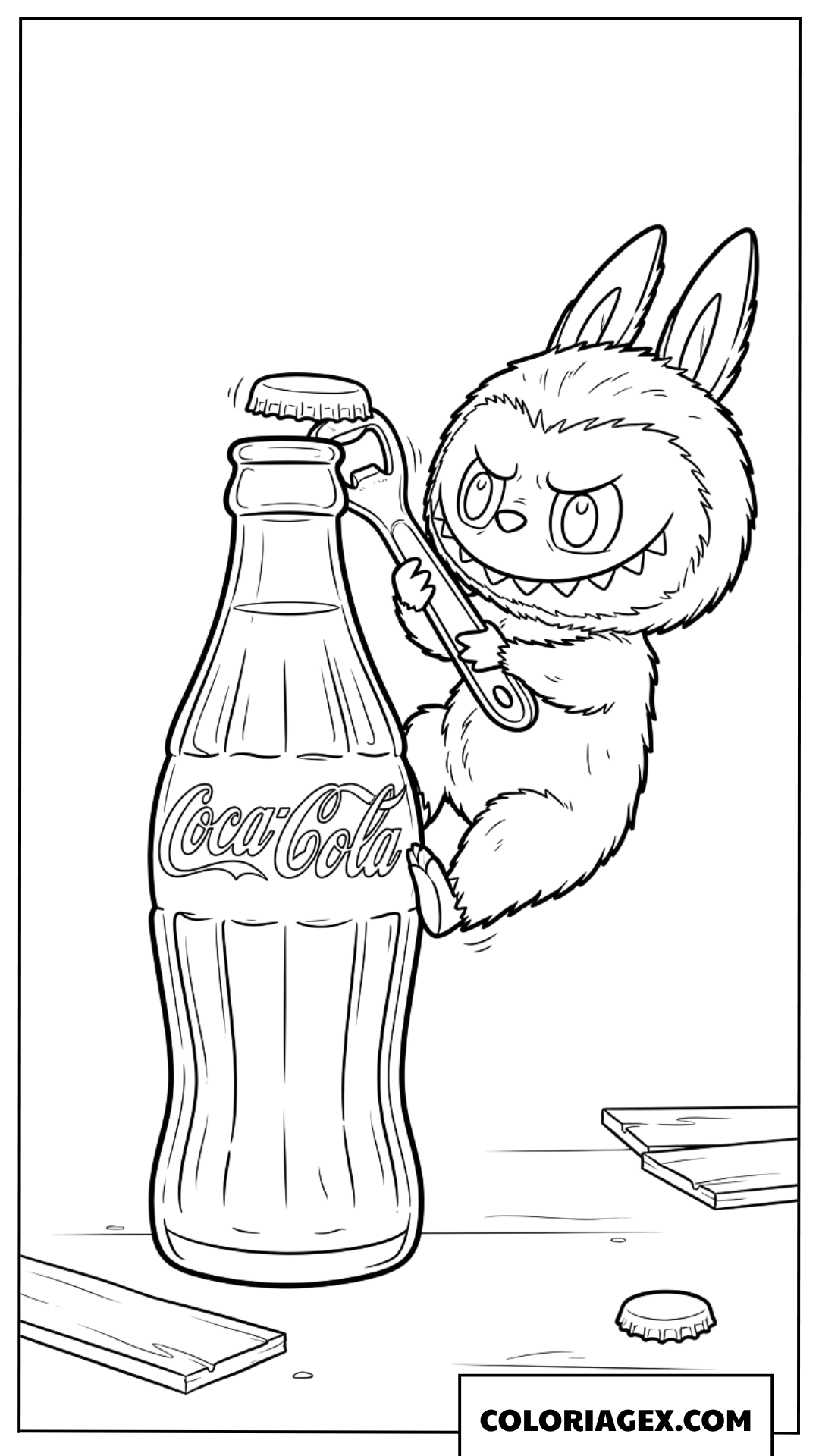 Dessin de Labubu utilisant un ouvre bouteille pour Coca Cola
