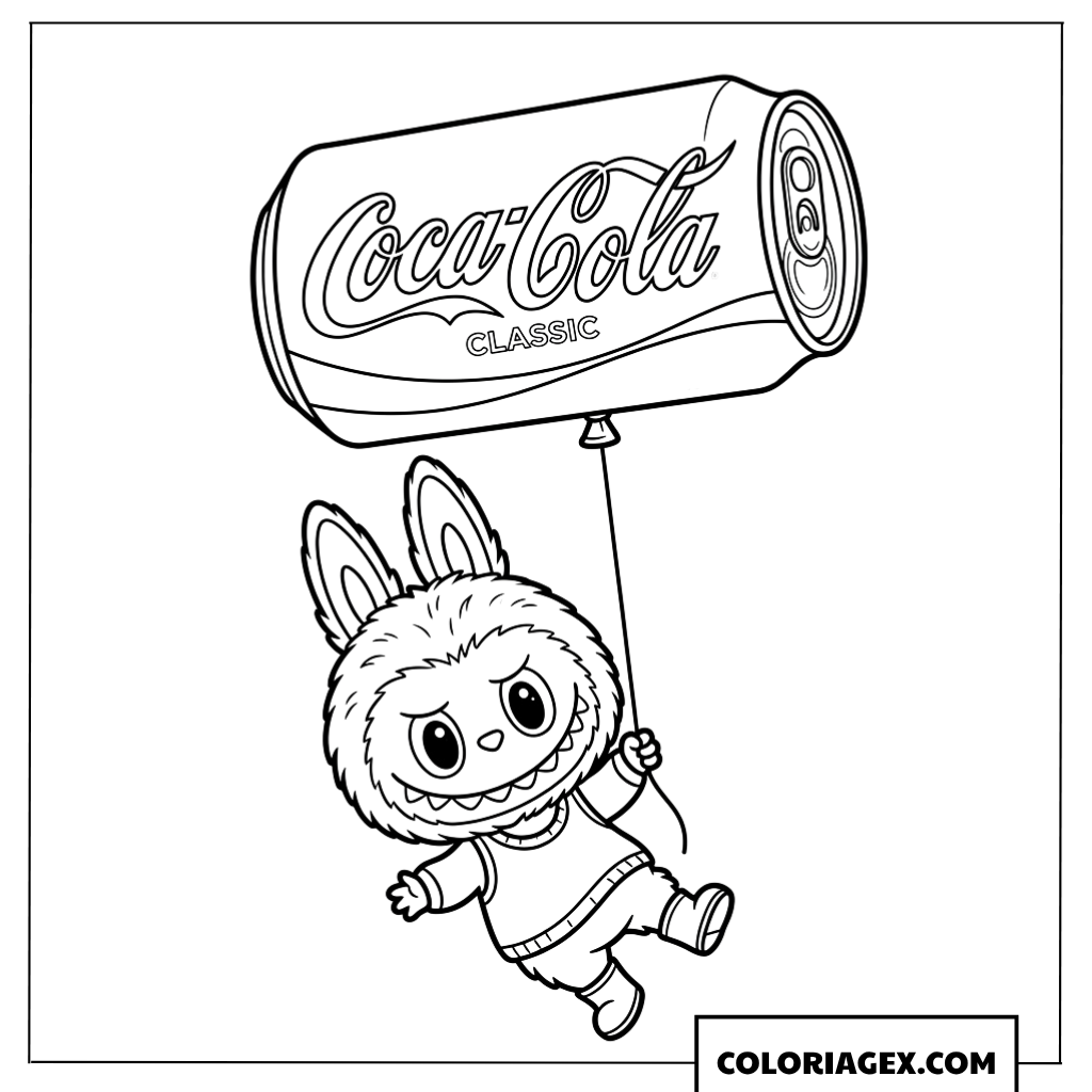 Dessin de Labubu volant avec un ballon Coca Cola