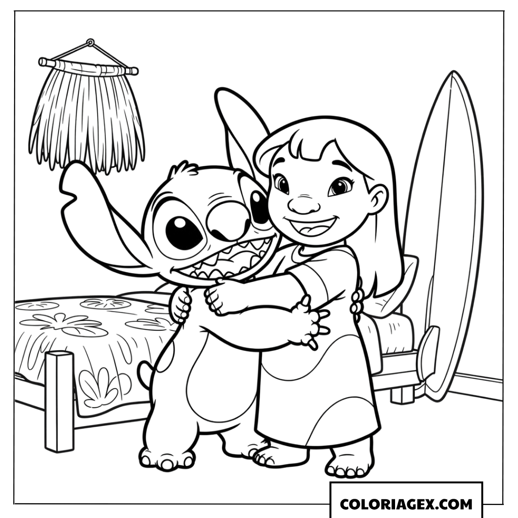 Dessin de Lilo et Stitch se faisant un calin chaleureux