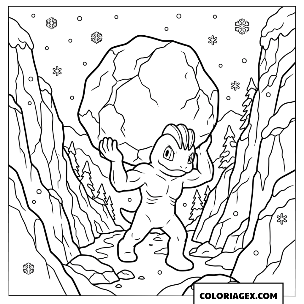 Dessin de Machop portant un enorme rocher dans la neige