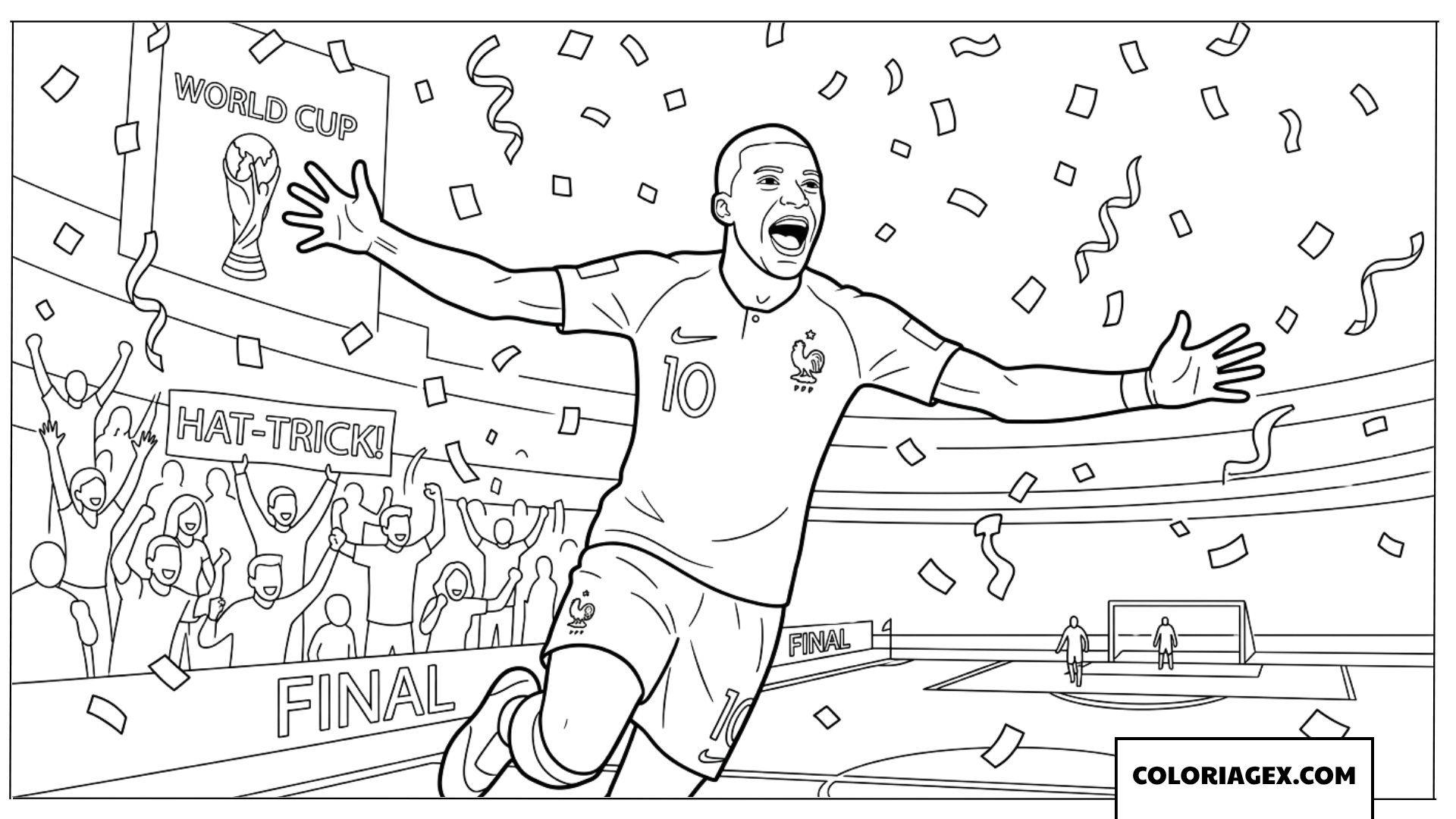 Dessin de Mbappe celebrant son triplé lors de la finale de la Coupe du Monde