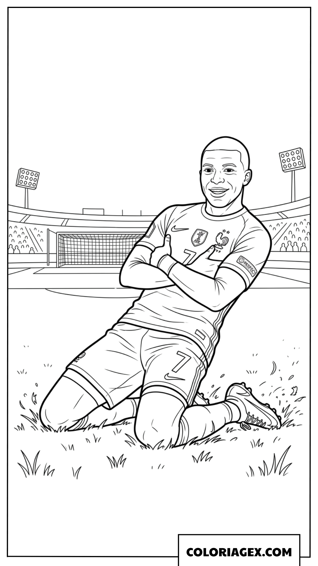 Dessin de Mbappé celebrant un but a genoux