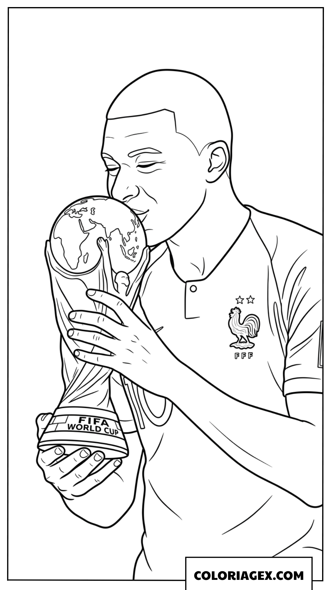 Dessin de Mbappé embrassant le trophee mondial