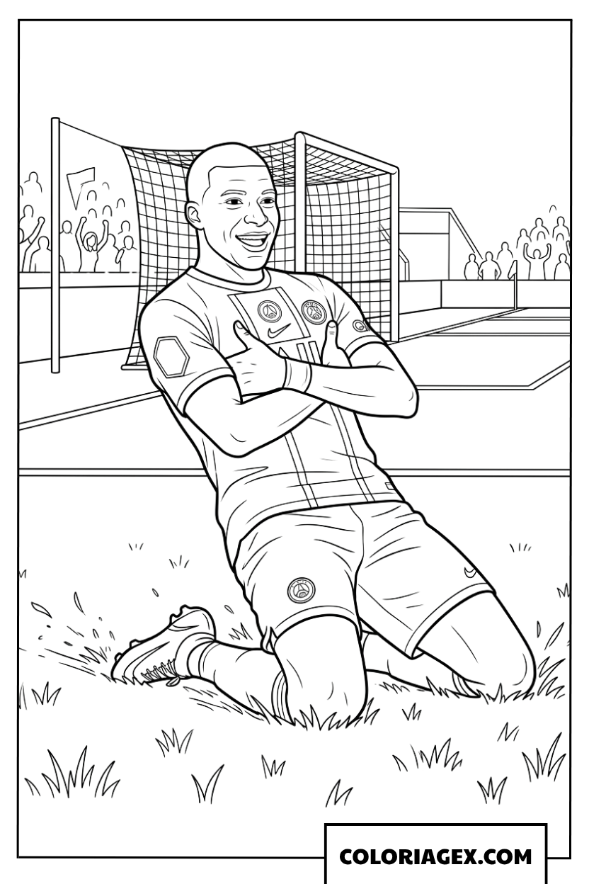 Dessin de Mbappe glissant sur le gazon pour celebrer