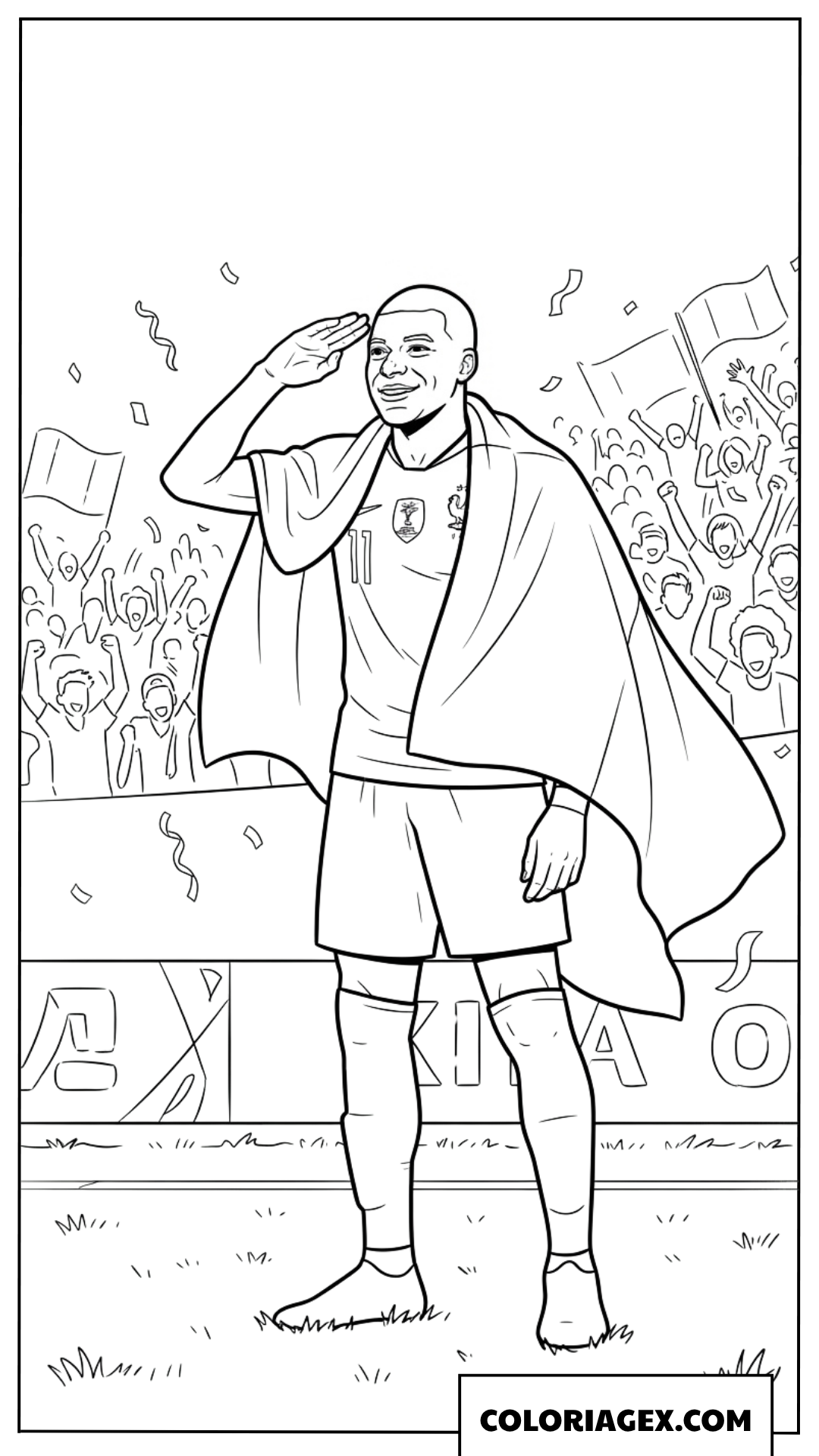 Dessin de Mbappé saluant la foule avec un drapeau
