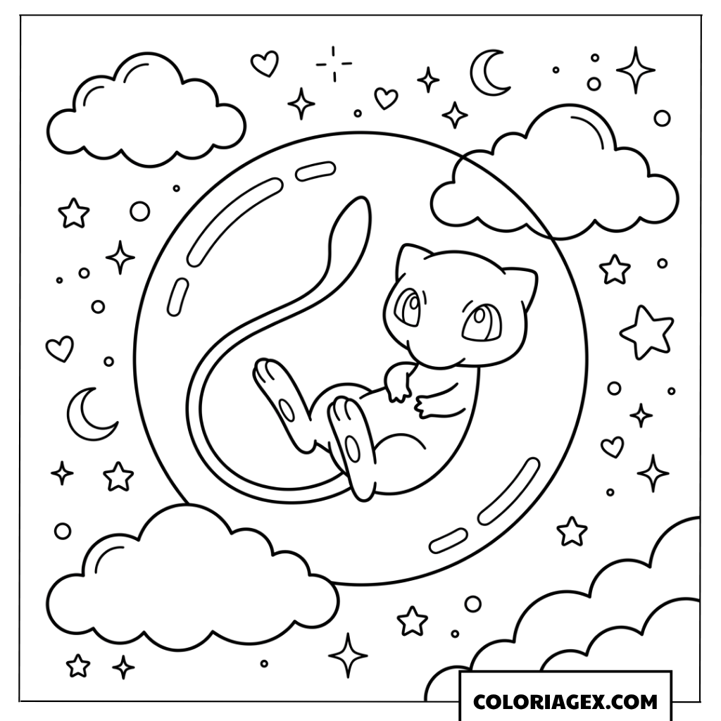 Dessin de Mew bebe flottant dans une bulle