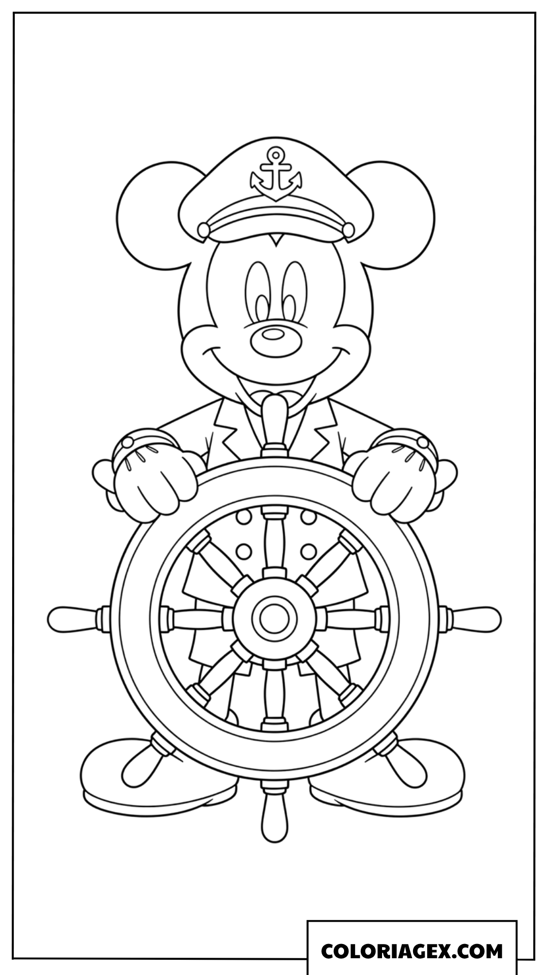 Dessin de Mickey Mouse en capitaine au gouvernail du bateau