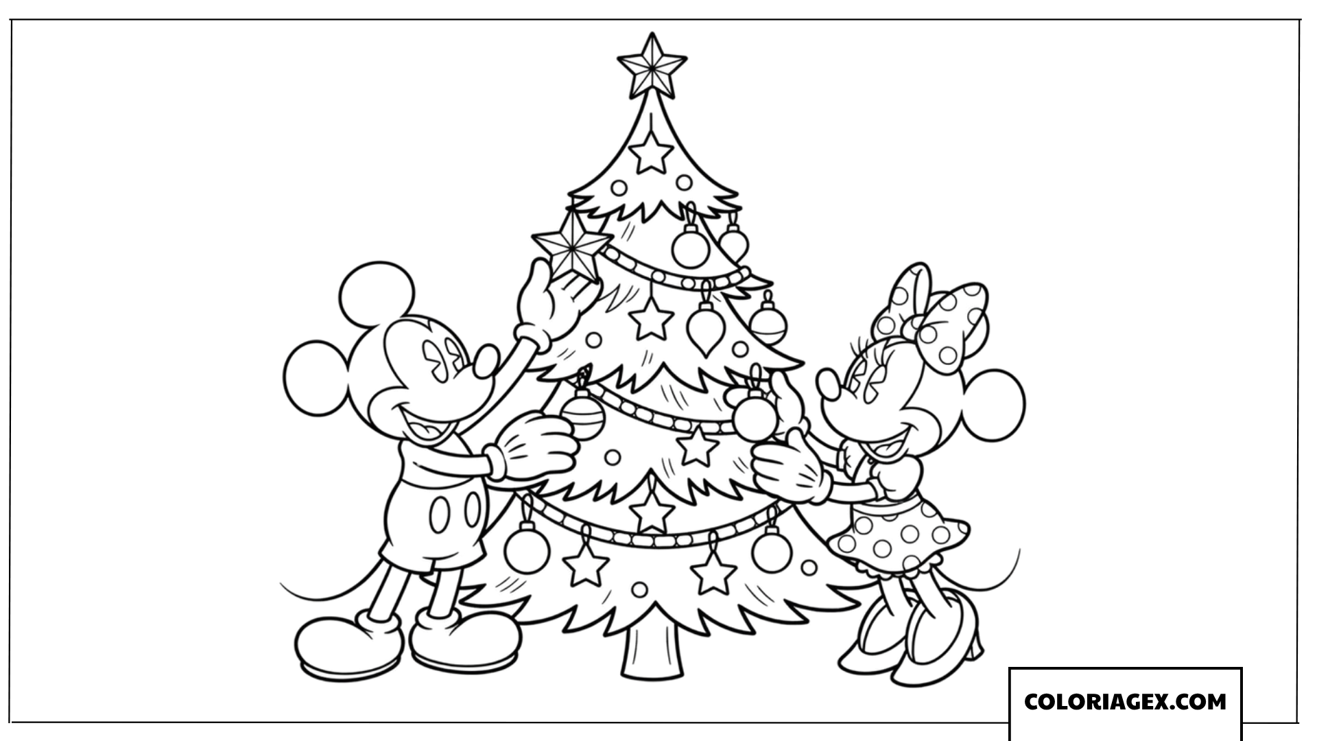 Dessin de Mickey et Minnie Mouse decorant le grand sapin de Noel