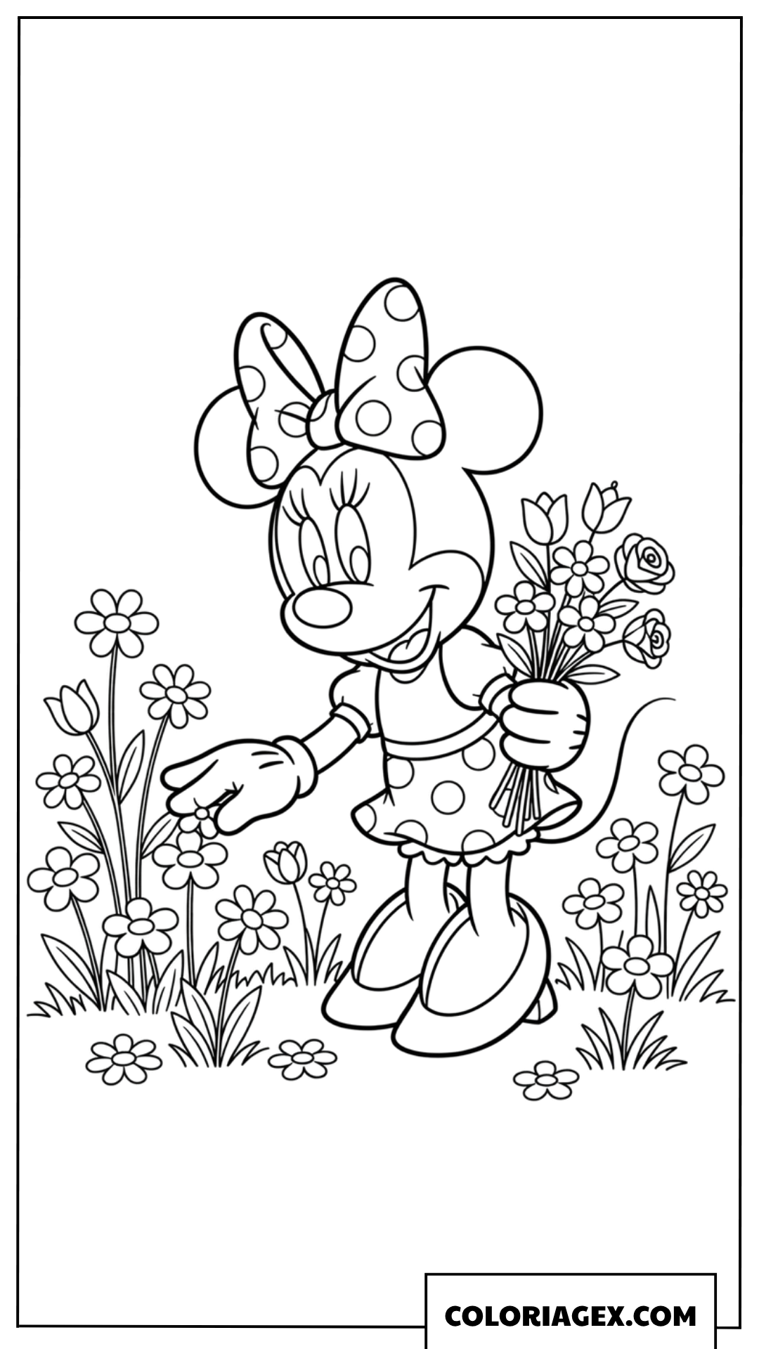 Dessin de Minnie Mouse cueillant des fleurs dans le jardin