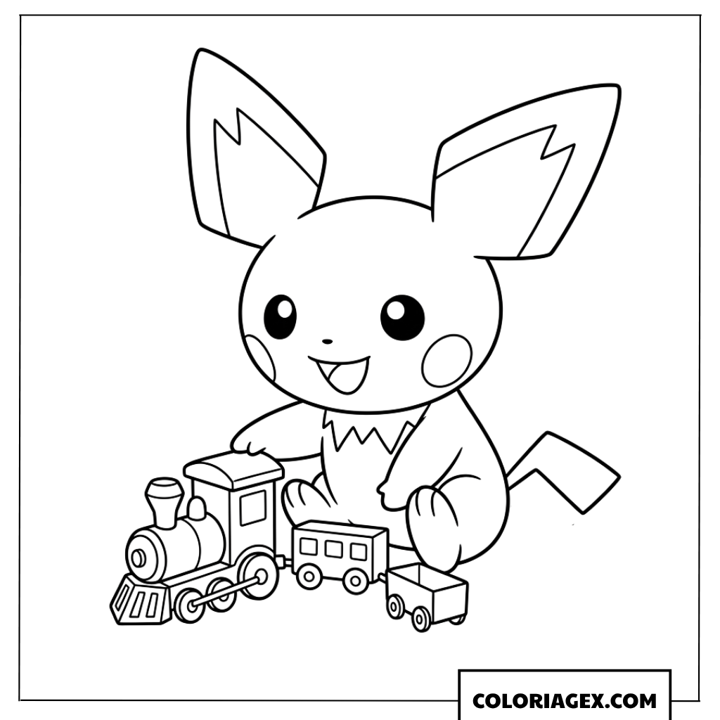 Dessin de Pichu bebe jouant avec un train