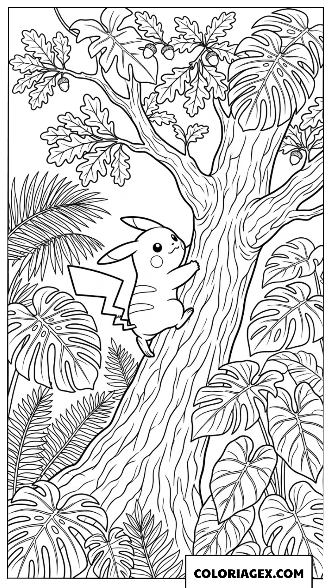 Dessin de Pikachu grimpant agilement au sommet d'un chene