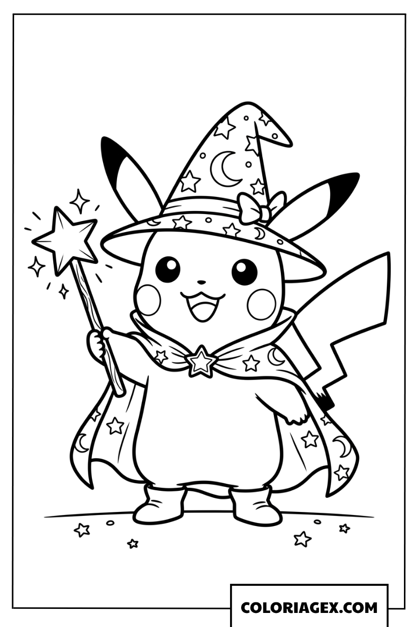 Dessin de Pikachu magicien tenant une baguette magique