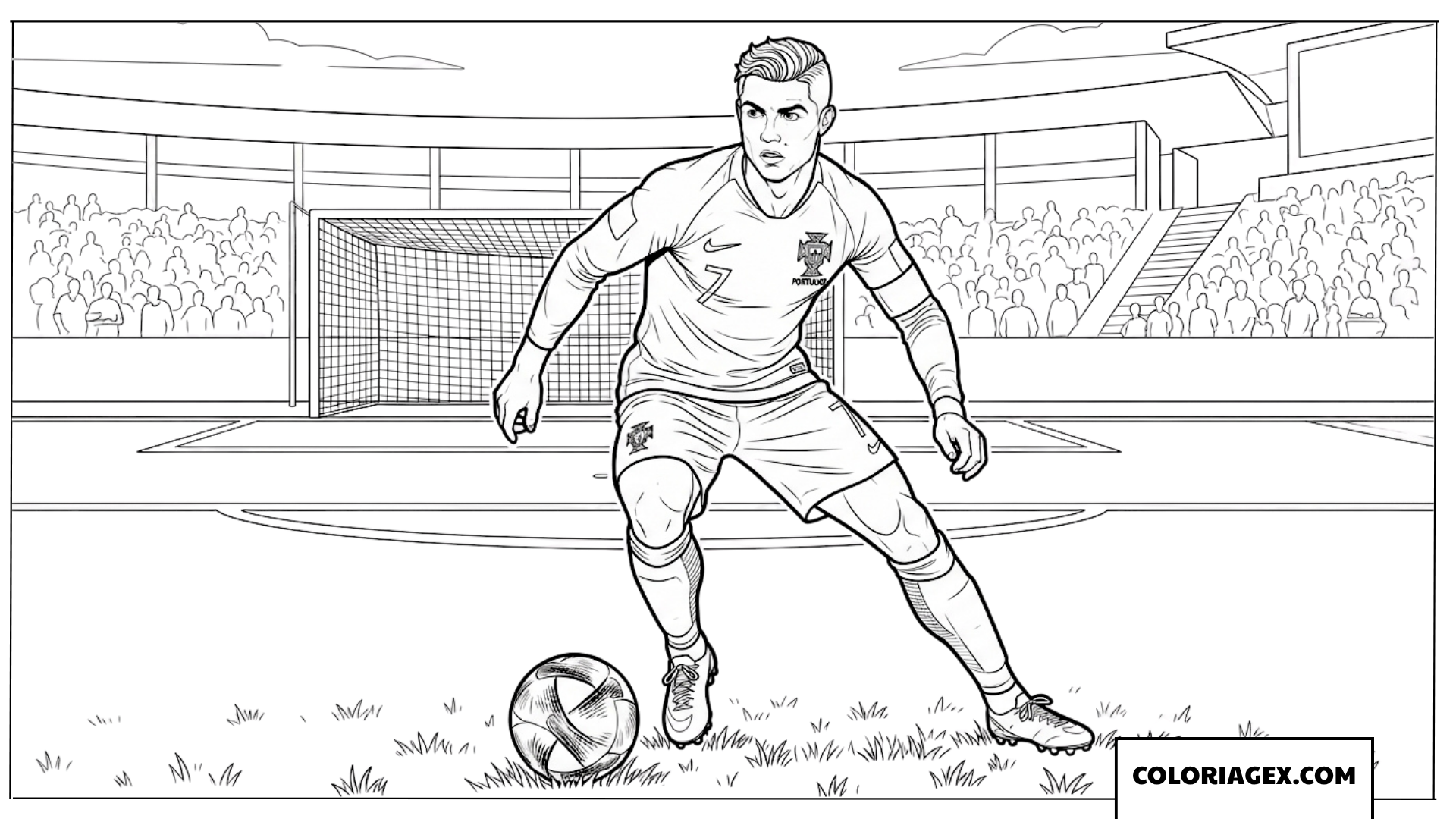 Dessin de Ronaldo Portugal concentré sur le contrôle du ballon
