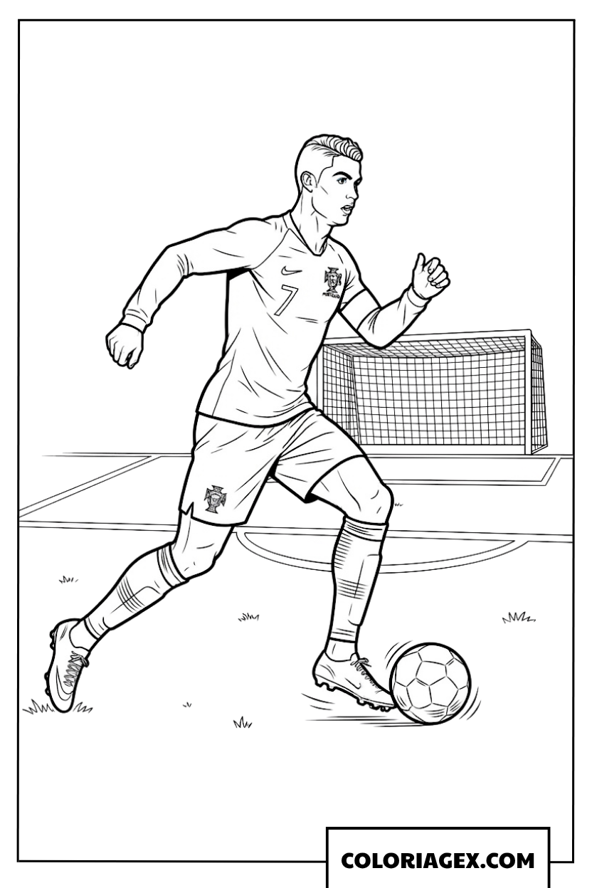 Dessin de Ronaldo Portugal conduisant le ballon sur le terrain