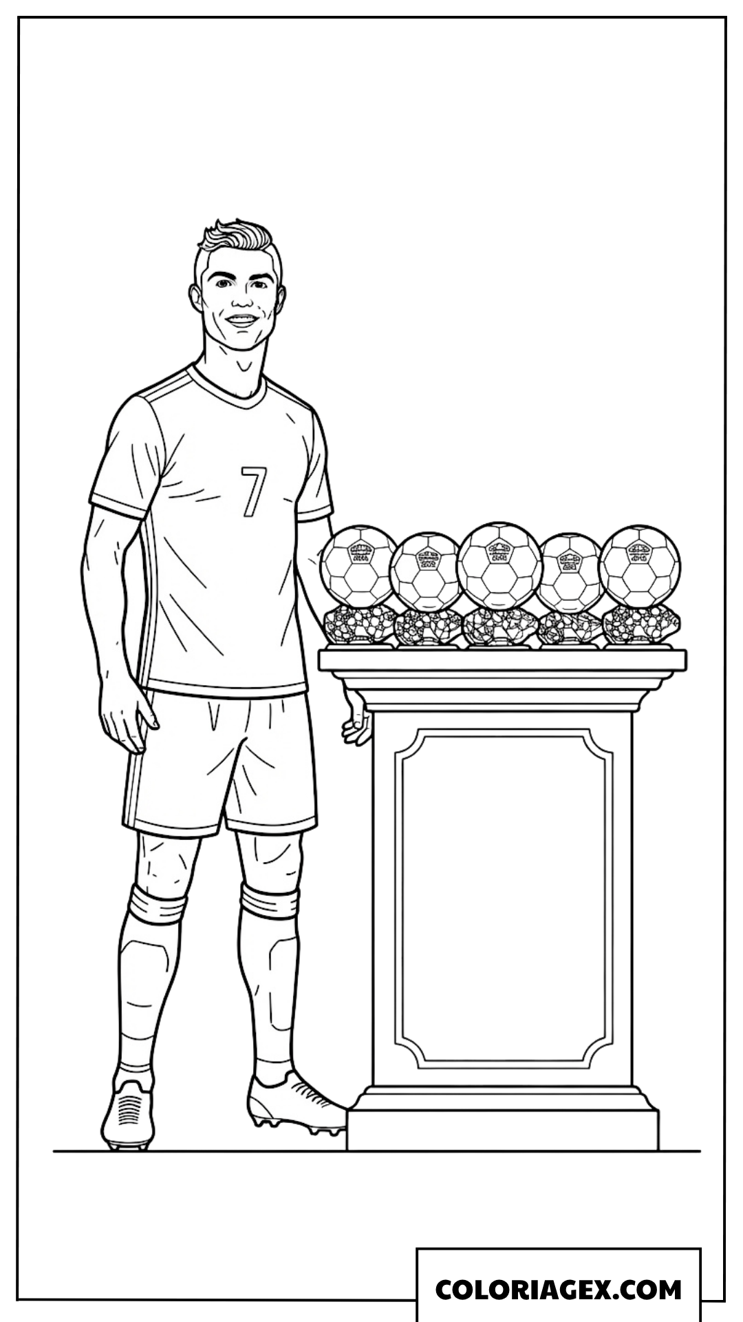 Dessin de Ronaldo debout à côté dun piédestal avec cinq Ballons dOr