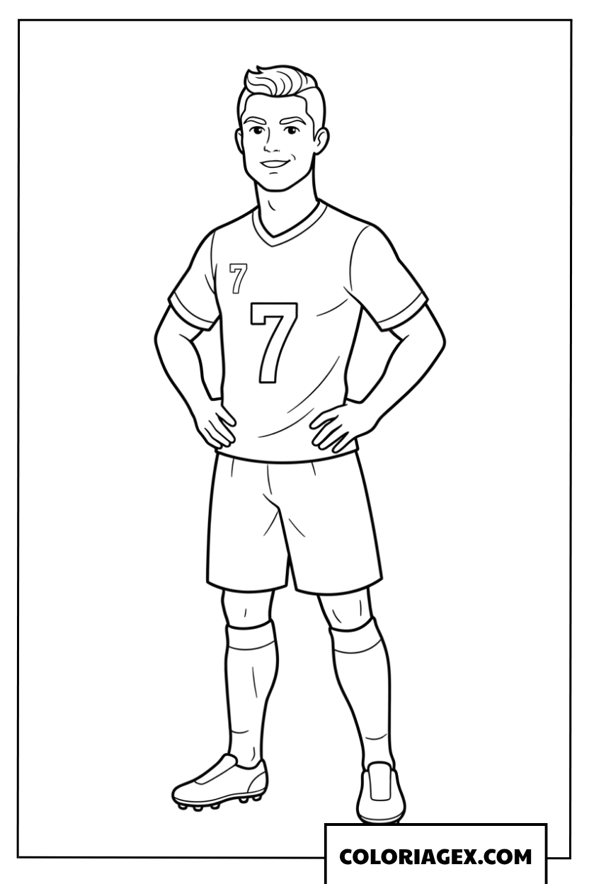 Dessin de Ronaldo debout portant le maillot numero 7 à colorier