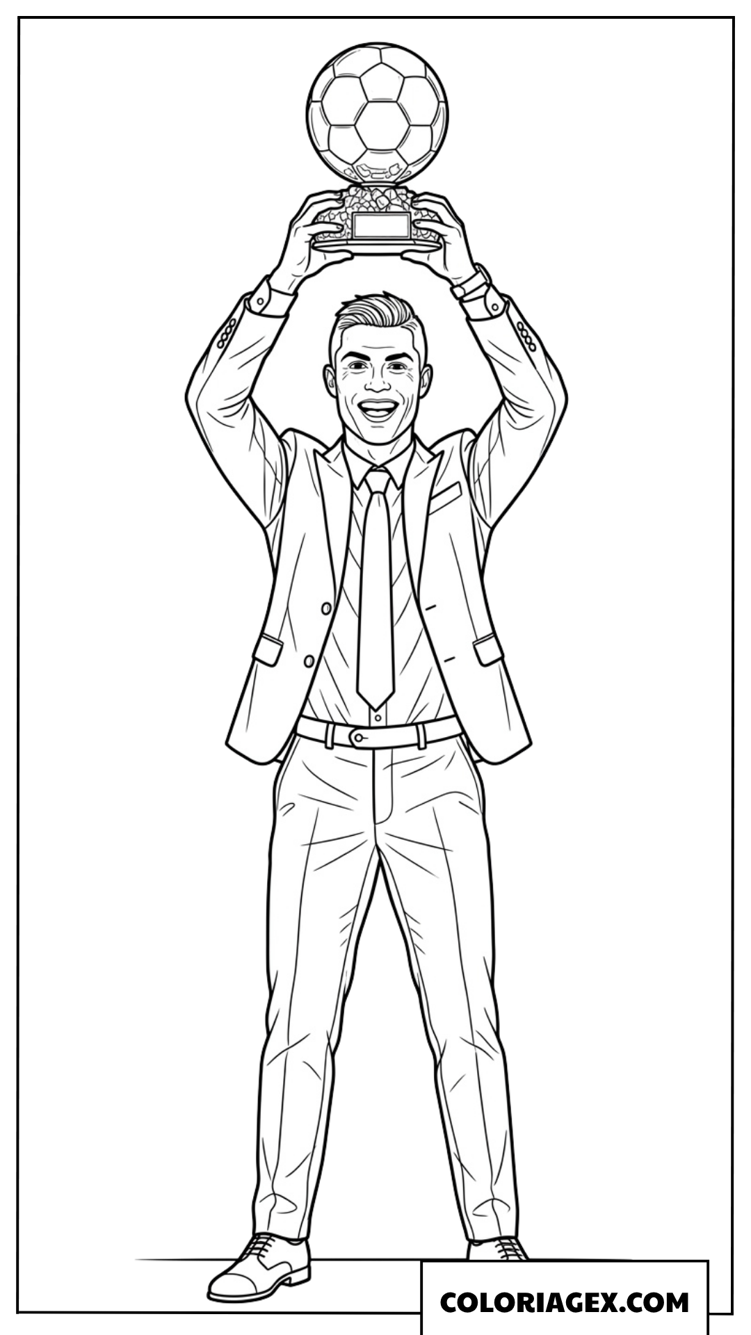 Dessin de Ronaldo en costume élégant soulevant le Ballon dOr