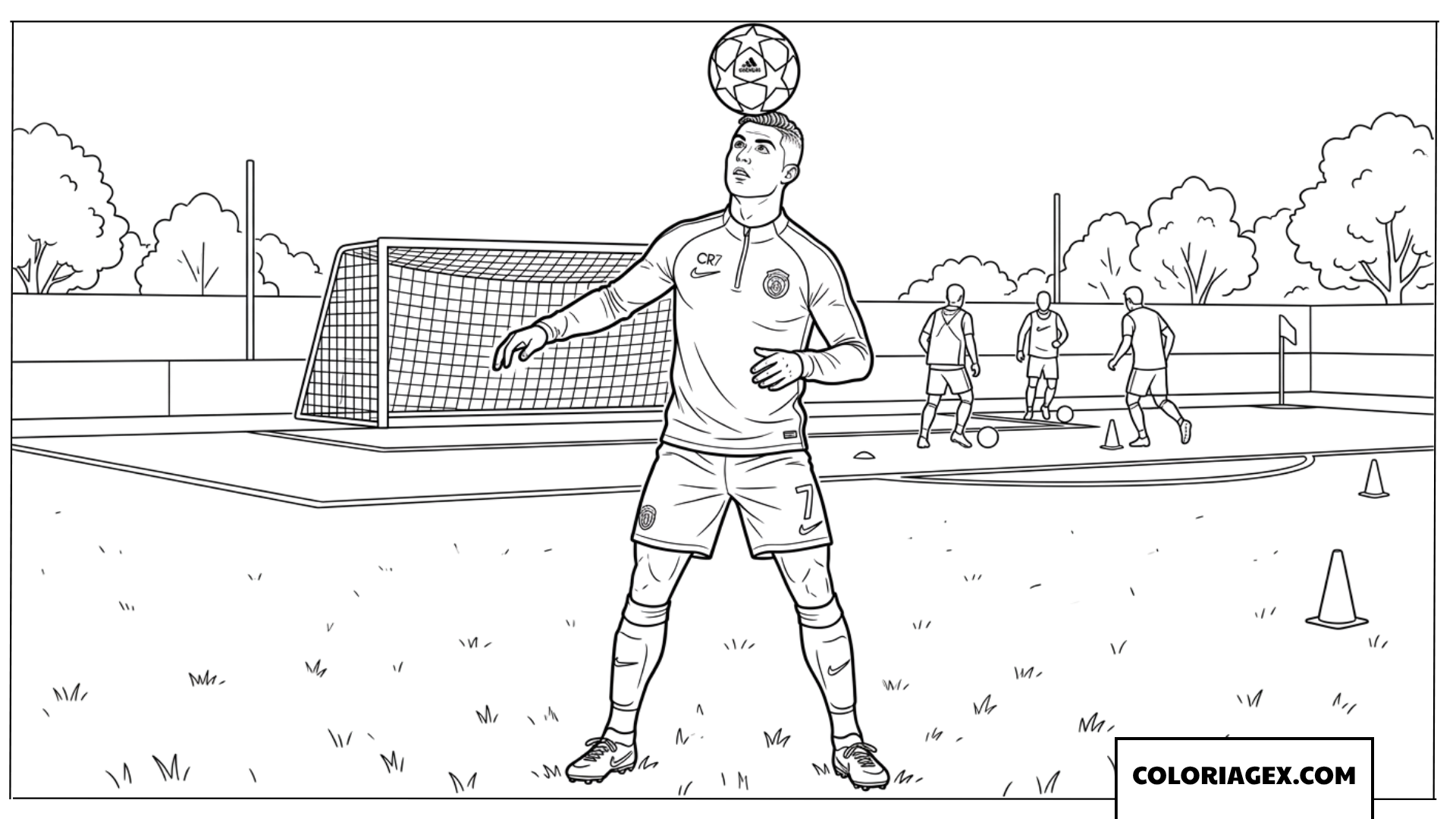 Dessin de Ronaldo jonglant avec le ballon sur la tête à colorier