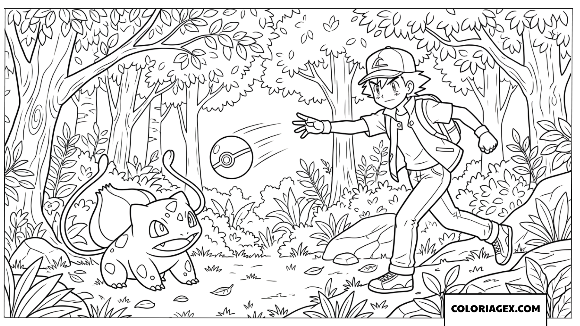 Dessin de Sacha Ketchum lancant sa Poke Ball