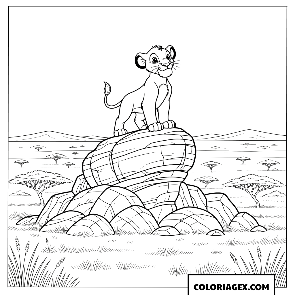 Dessin de Simba le petit lionceau debout sur son rocher