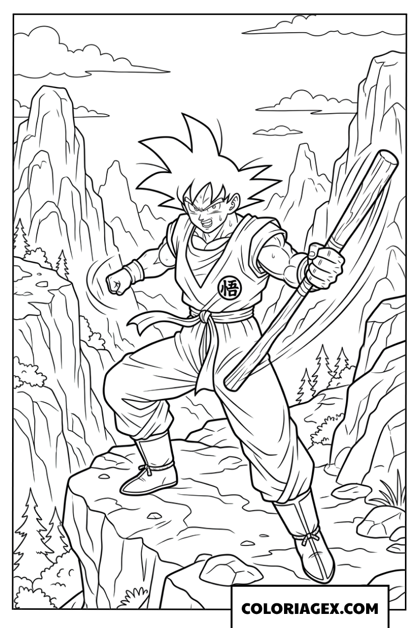 Dessin de Son Goku s'entrainant sur une montagne