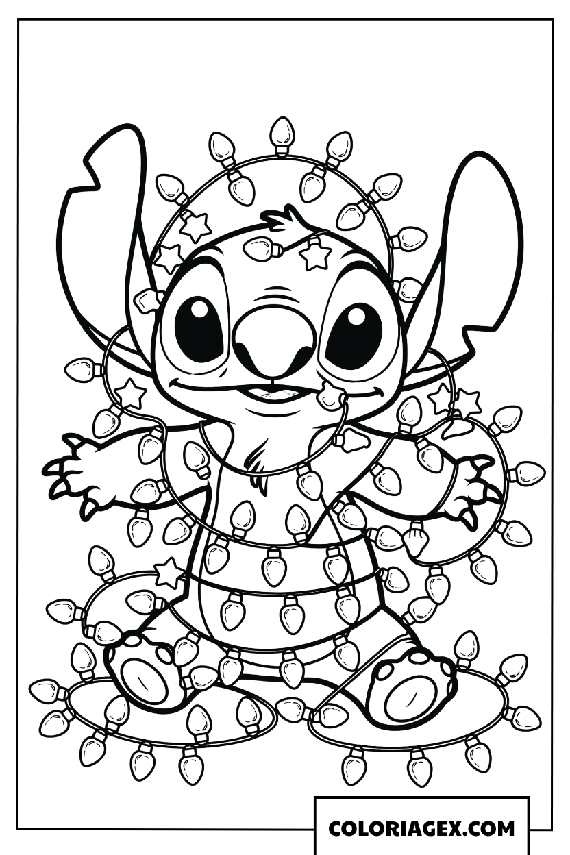 Dessin de Stitch emmele dans des guirlandes lumineuses de Noel