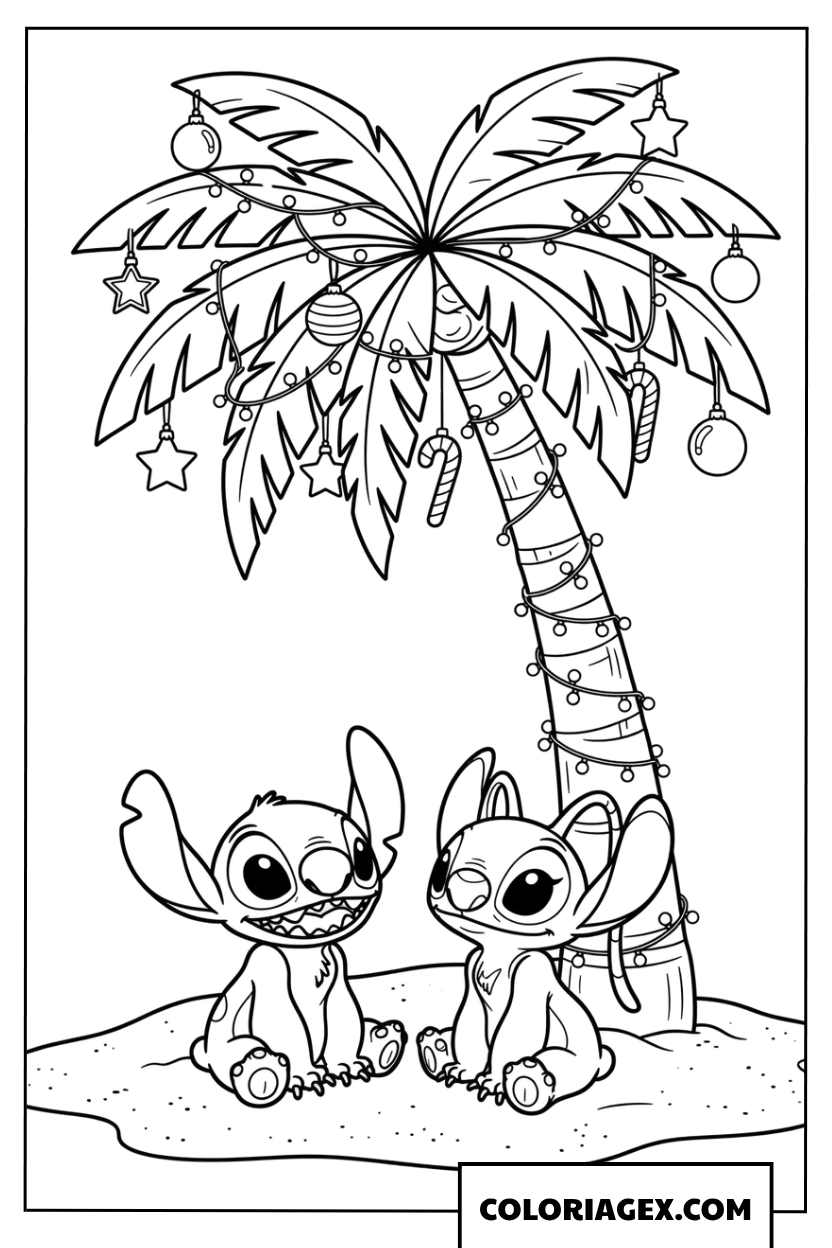 Dessin de Stitch et Angel sous un cocotier de Noel
