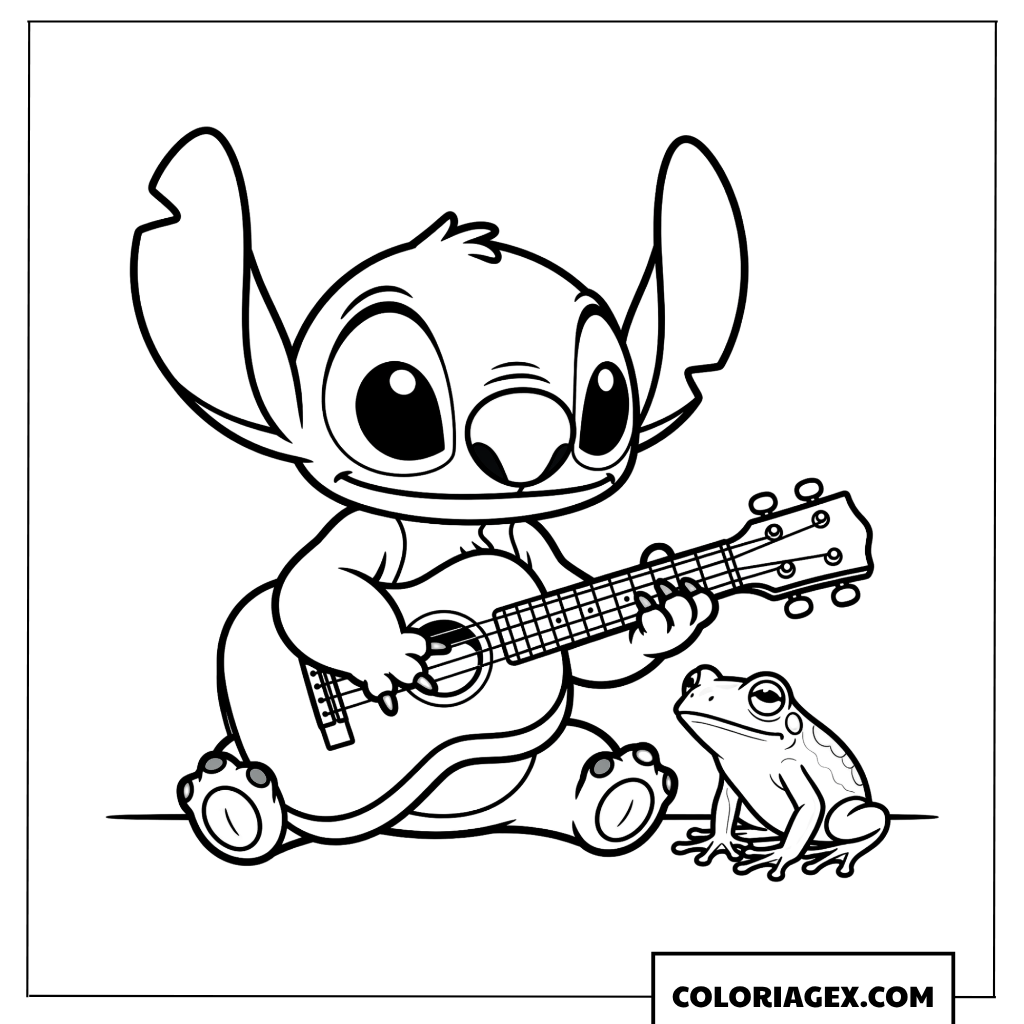 Dessin de Stitch jouant du ukulele a cote d une petite grenouille