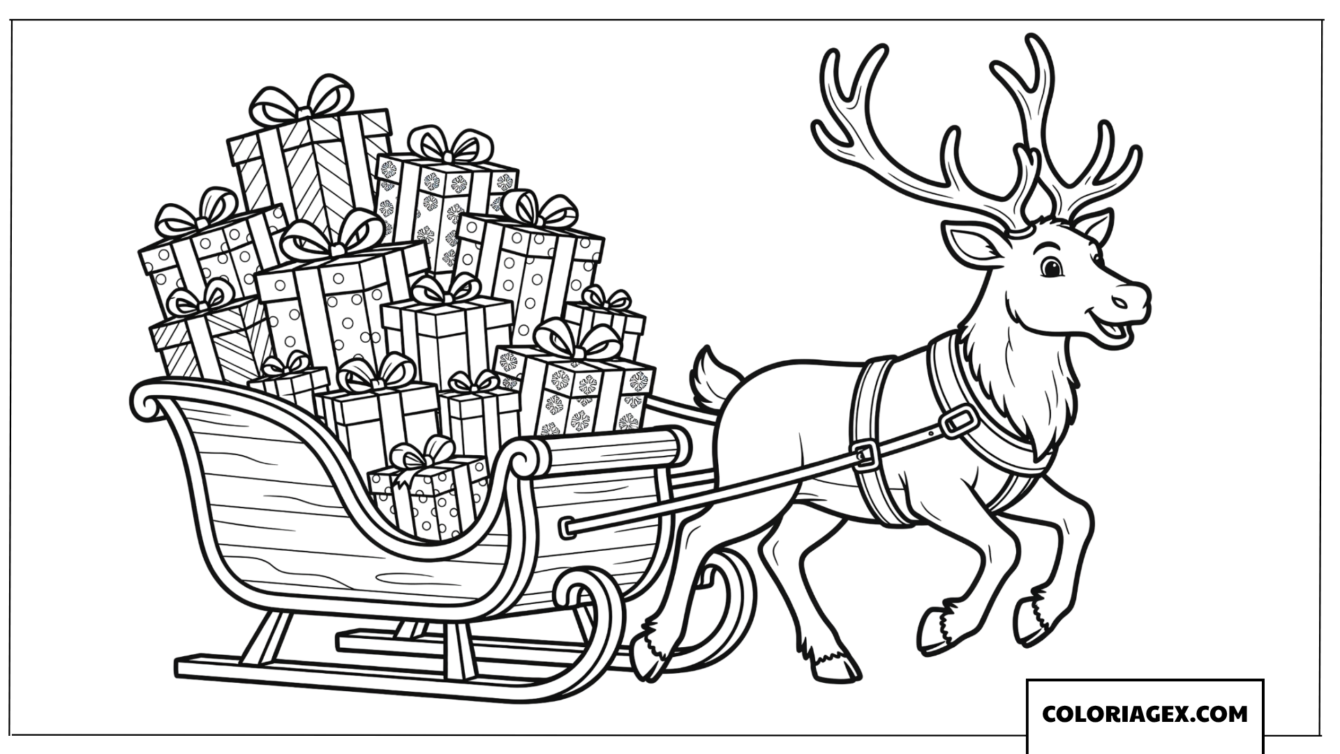 Dessin de Sven le renne tirant un traineau plein de cadeaux