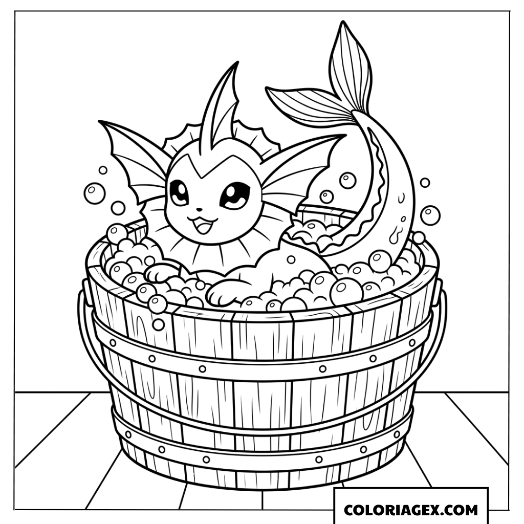 Dessin de Vaporeon qui joue dans un seau d'eau