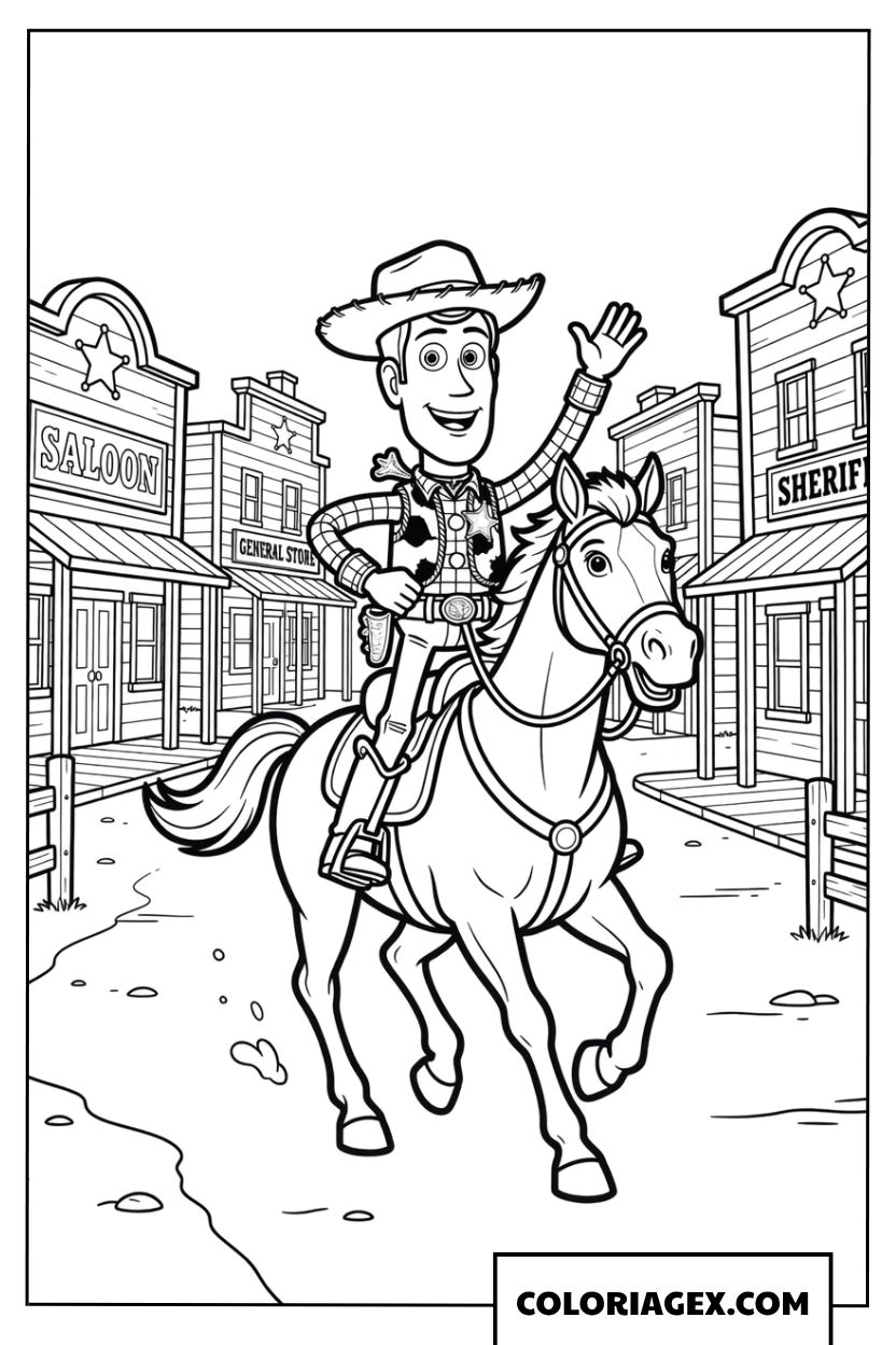 Dessin de Woody le cowboy chevauchant son fidele cheval Bullseye