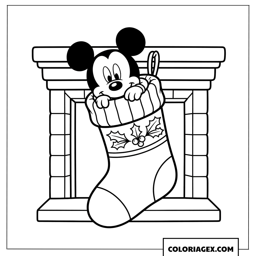 Dessin de bebe Mickey Mouse dans une chaussette de Noel