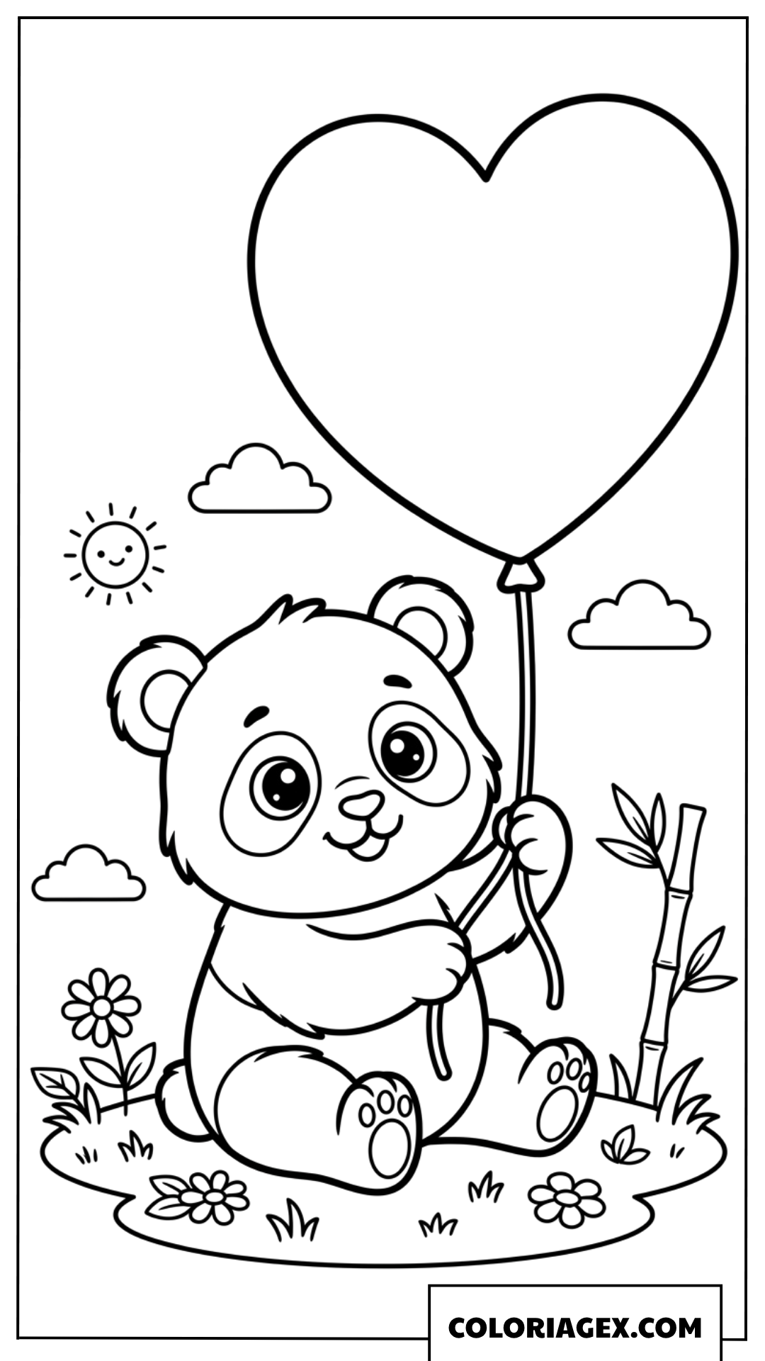 Dessin de bébé panda tenant un grand ballon en forme de coeur