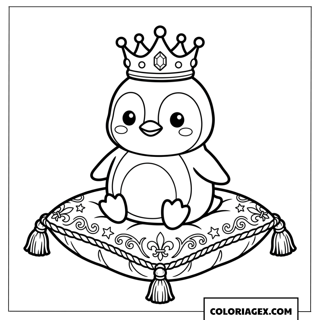 Dessin de bébé pingouin avec couronne sur un coussin