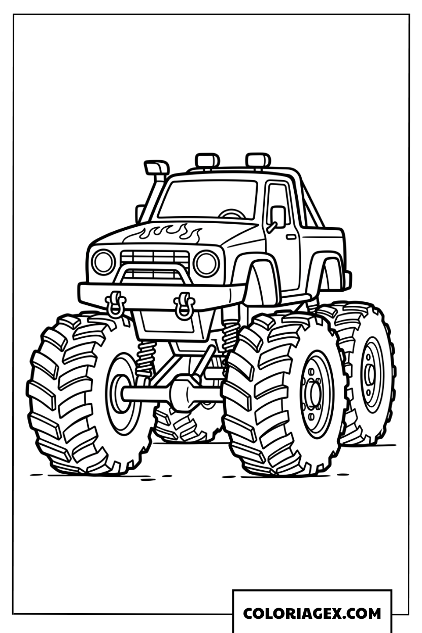 Dessin de camion monstre de dessin animé féroce avec motif de flamme en vue de face