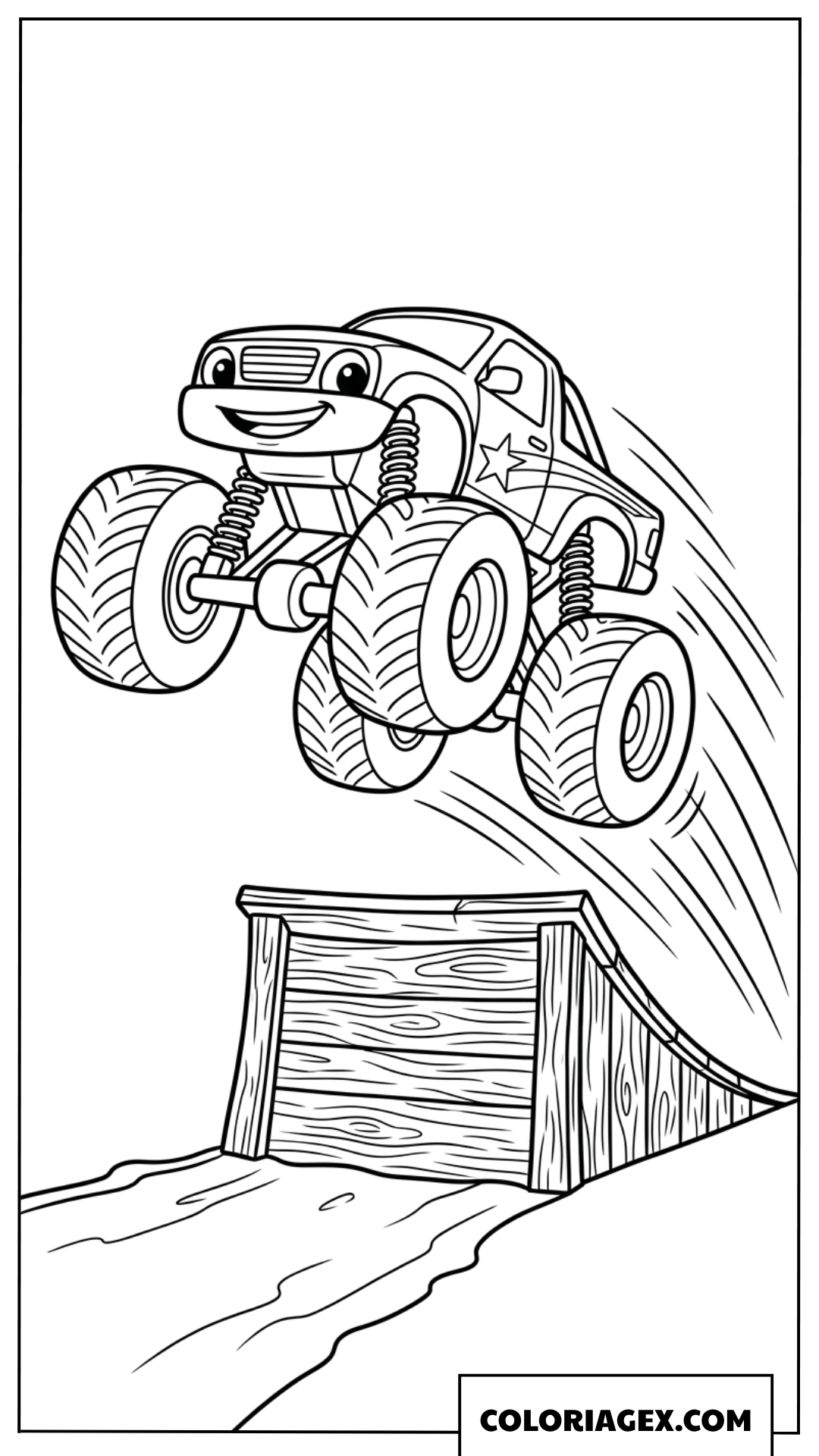 Dessin de camion monstre de dessin animé sautant depuis une rampe en bois