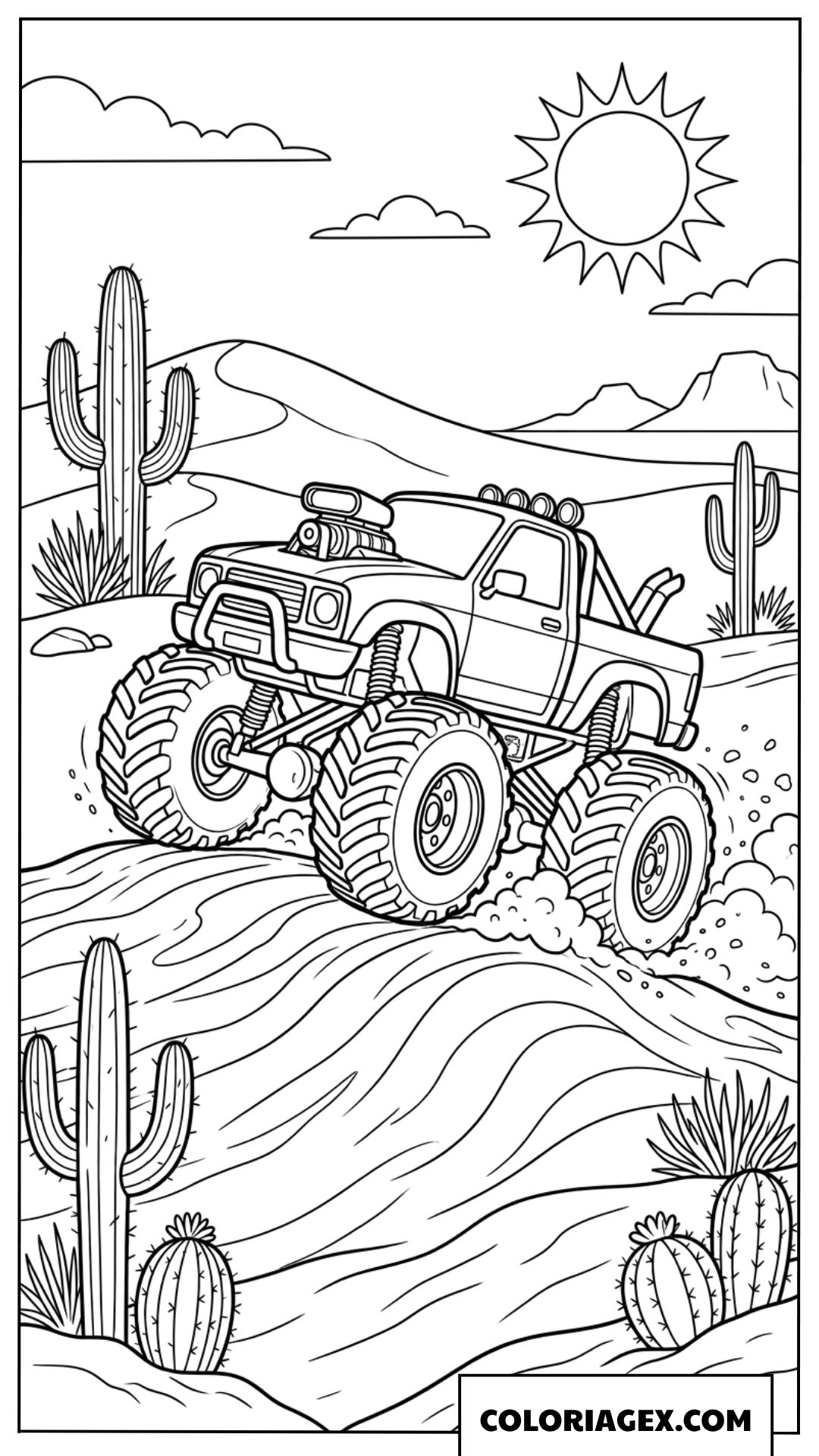 Dessin de camion monstre roulant dans le désert avec des cactus à colorier