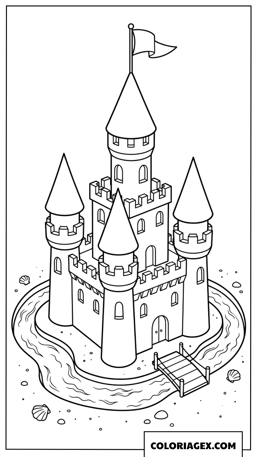 Dessin de chateau de sable avec des tours et un drapeau