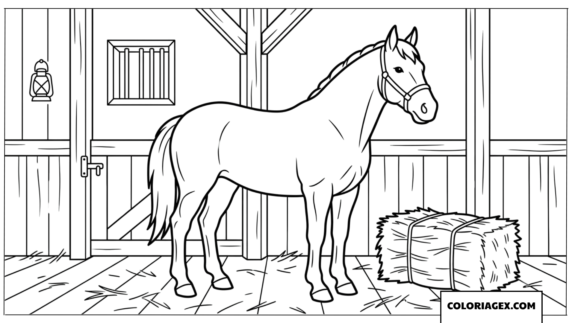 Dessin de cheval dans une ecurie avec du foin