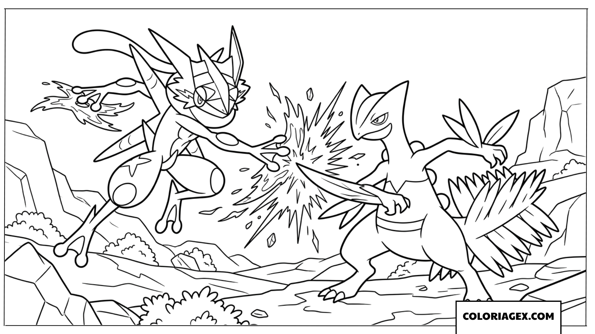 Dessin de choc spectaculaire entre Greninja et Sceptile