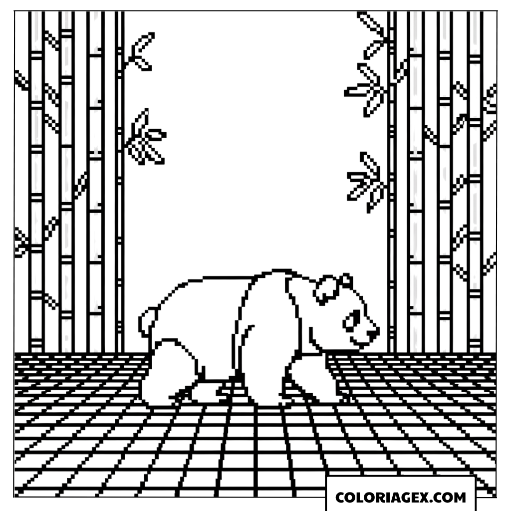 Dessin de coloriage panda marchant dans une foret pixel art