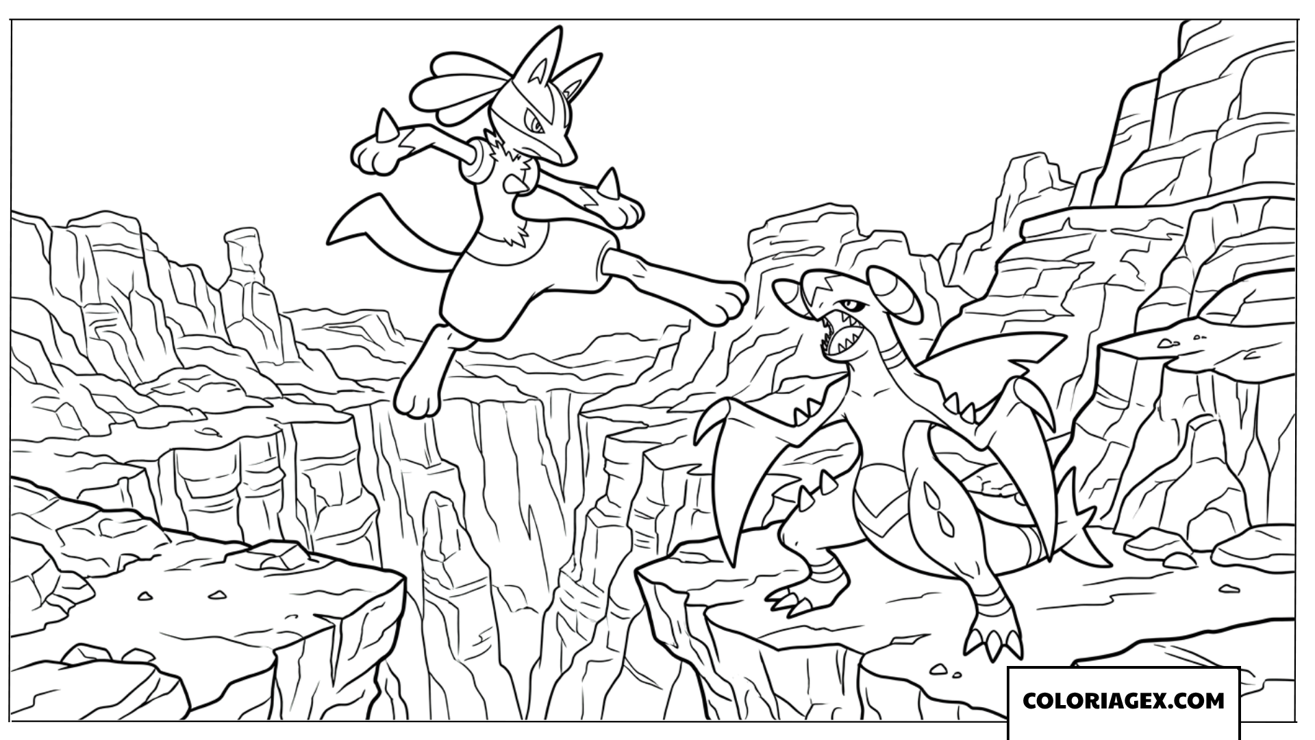 Dessin de combat intense entre Lucario et Garchomp