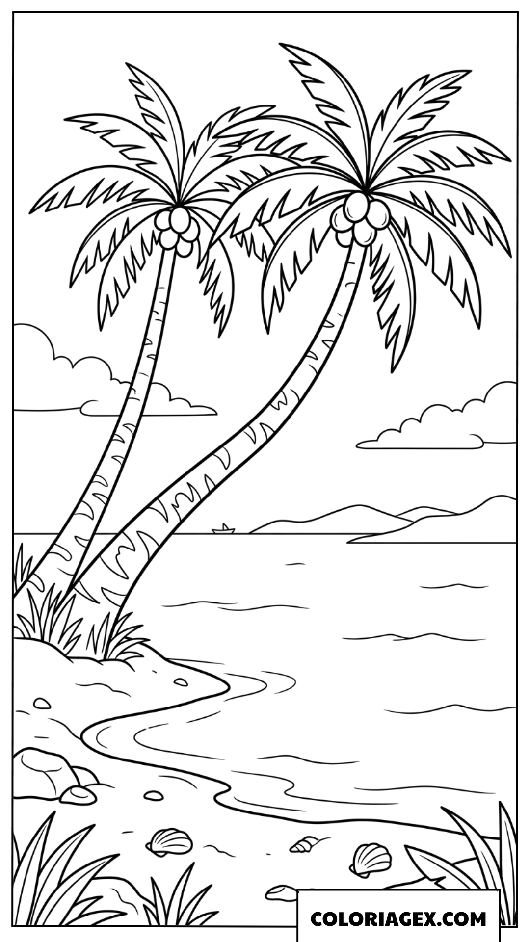 Dessin de deux cocotiers tropicaux sur la plage a colorier