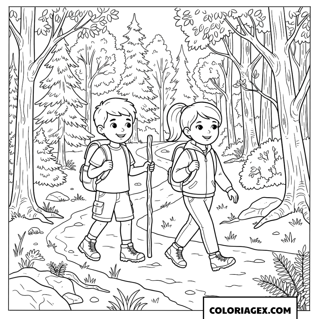Dessin de deux enfants avec des sacs à dos explorant un sentier en forêt