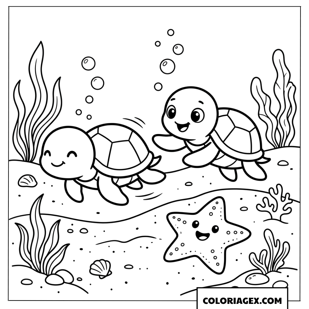 Dessin de deux petites tortues jouant ensemble dans l ocean