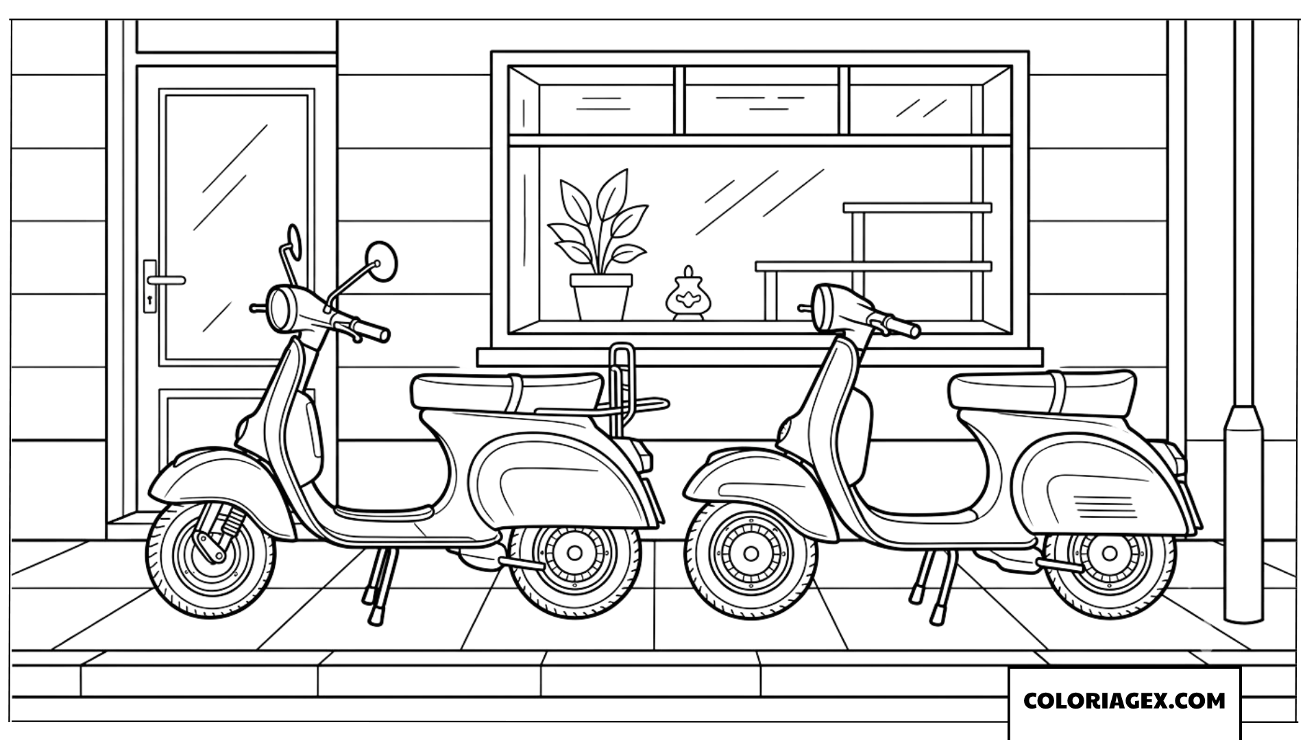 Dessin de deux scooters gares sur le trottoir devant un petit magasin