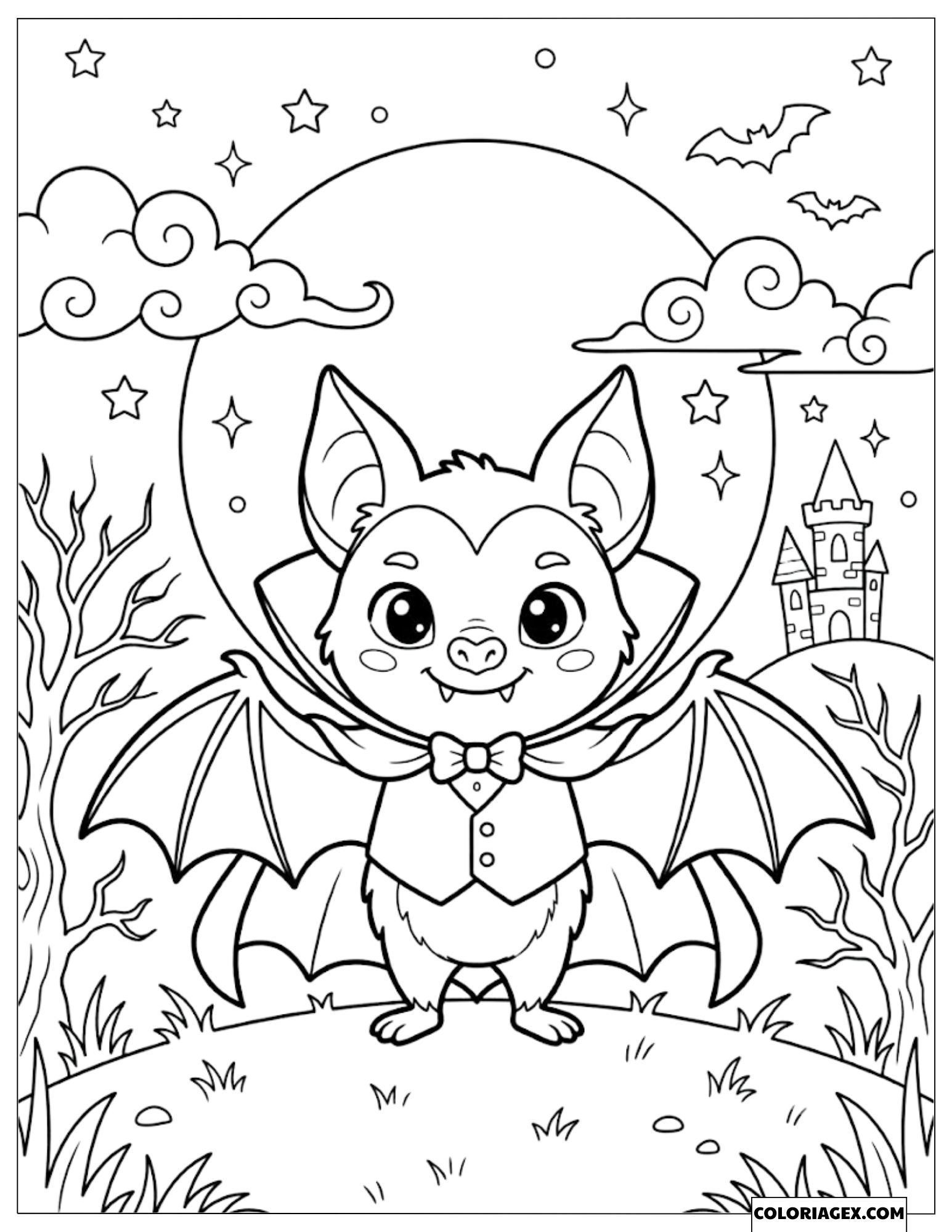 Dessin de la chauve-souris vampire souriante devant le château hanté sous la pleine lune