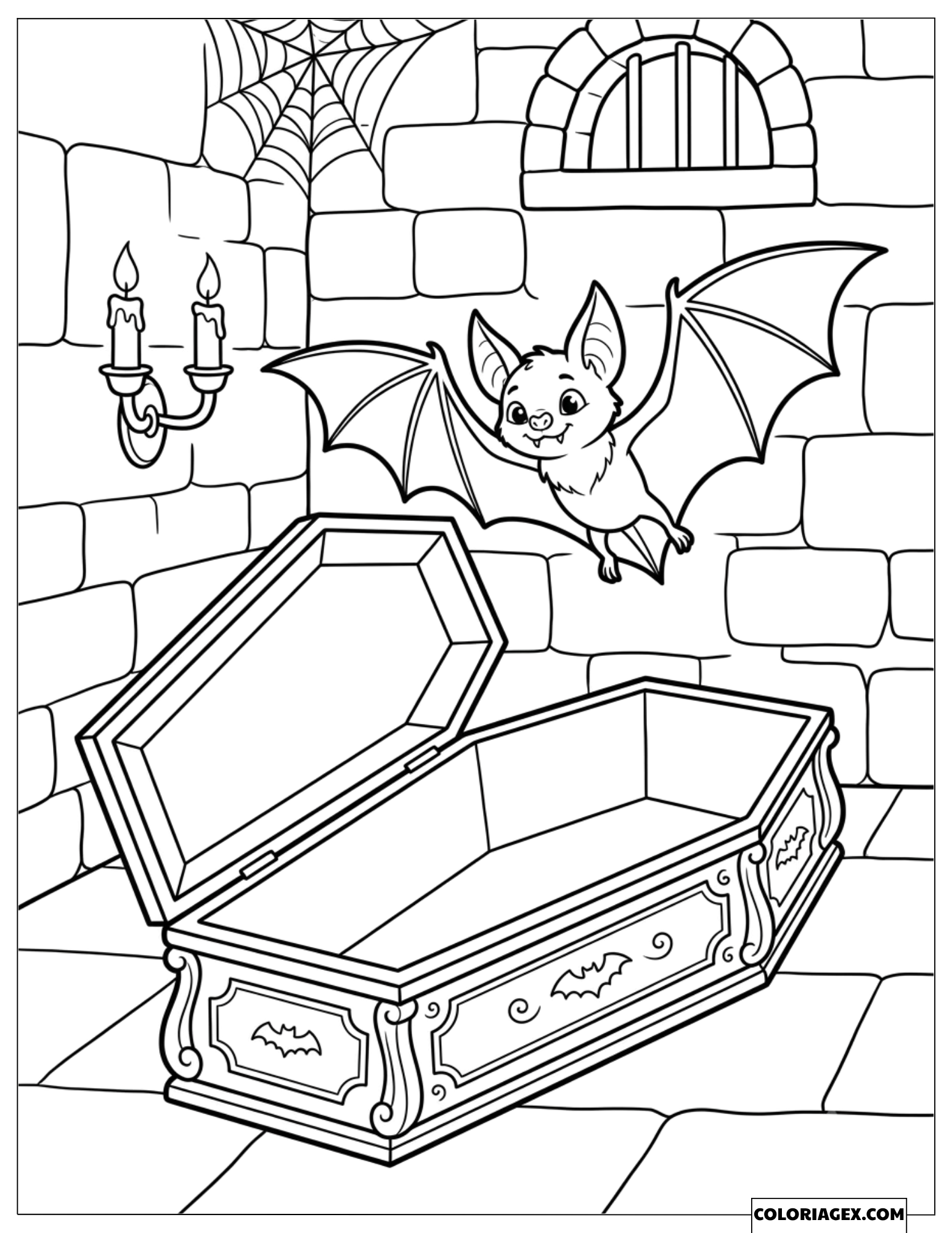 Dessin de la chauve-souris vampire volant au-dessus d'un cercueil ouvert dans le château