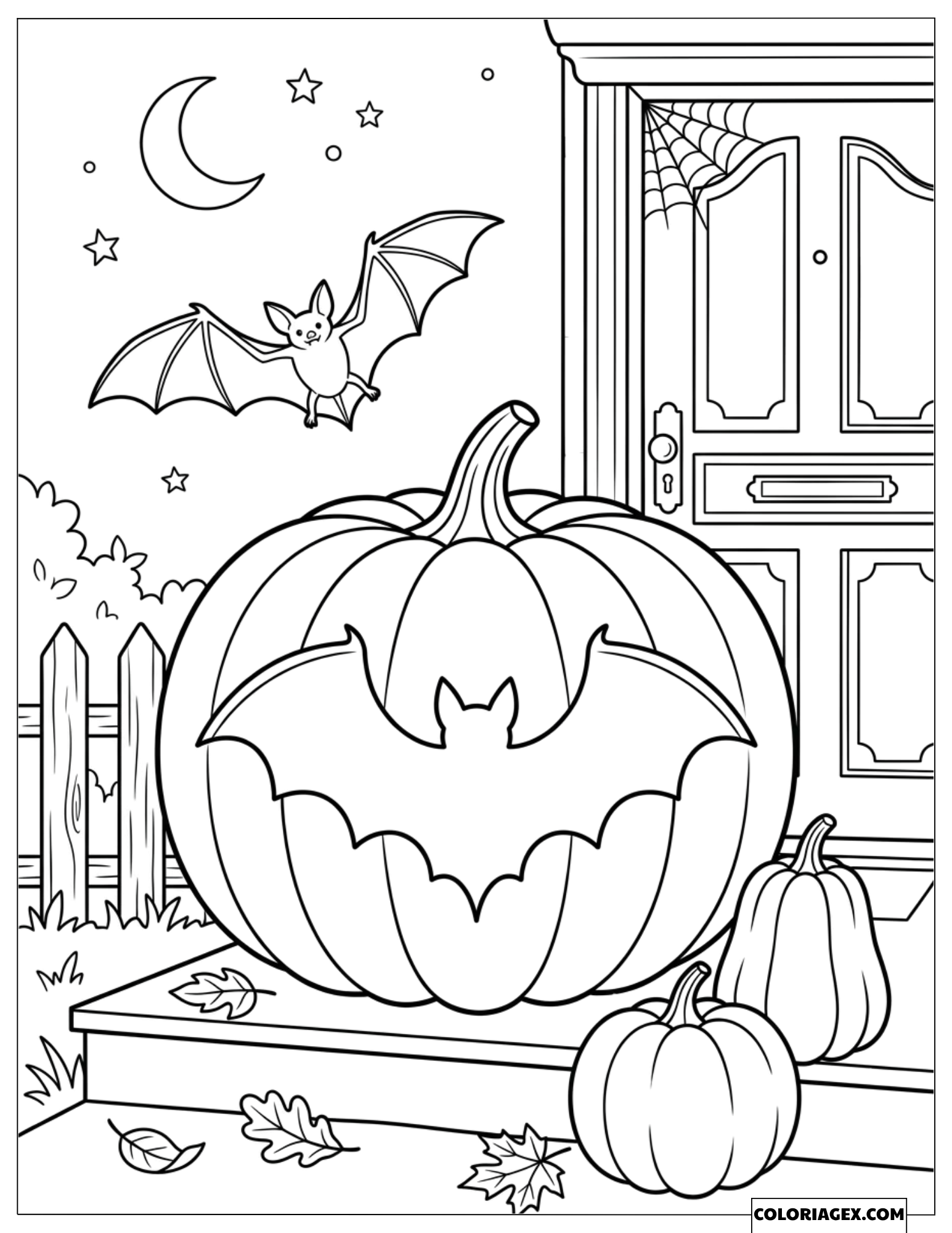 Dessin de la chauve-souris volant devant la maison près d'une citrouille sculptée